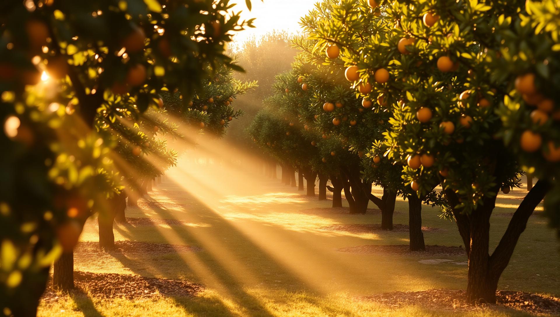 Morning sunlight through a Sicilian orange grove